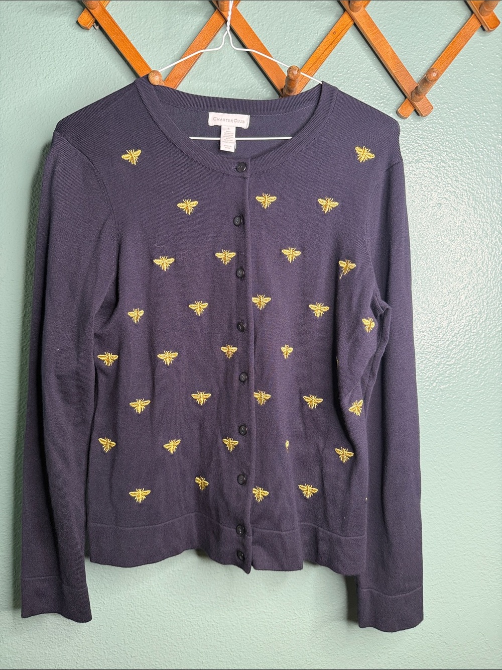 Charter Club Navy Cardigan with Yellow Bee Embroidery